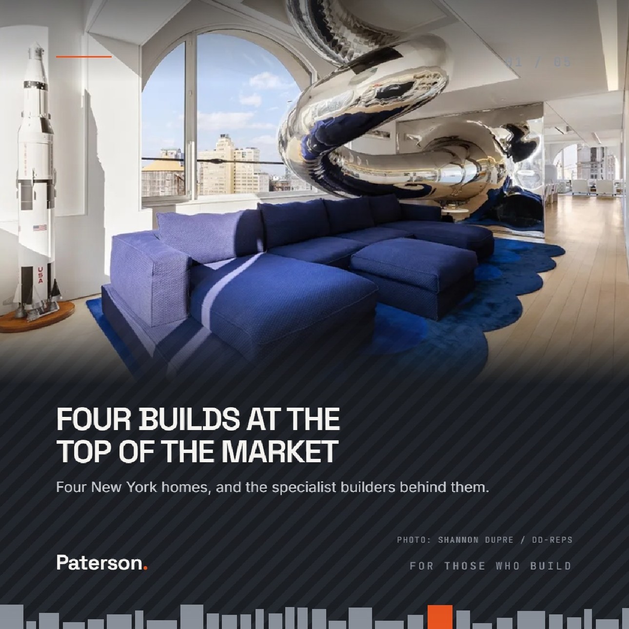 Slide 1 of 5, Four Builds at the Top of the Market: four New York homes, and the specialist builders behind them. A mirrored steel slide spirals through a penthouse living room. Photo: Shannon Dupre / DD-REPS.