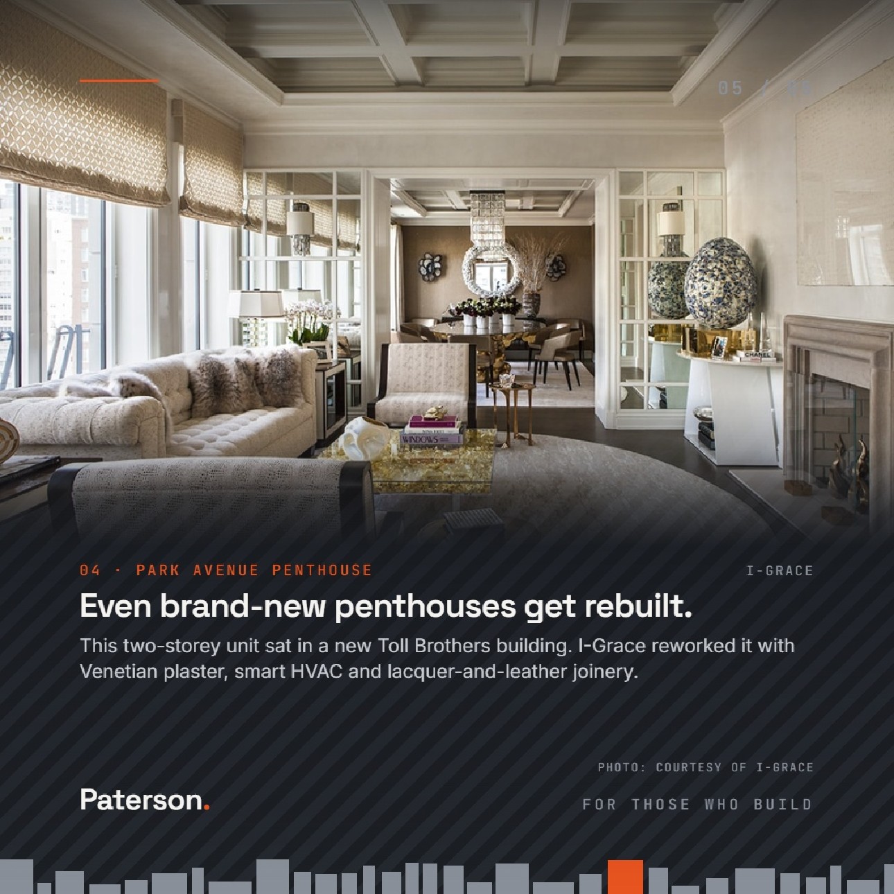 Slide 5 of 5, Park Avenue Penthouse, I-Grace: even brand-new penthouses get rebuilt. The two-story unit sat in a new Toll Brothers building, and I-Grace reworked it with Venetian plaster, smart HVAC and lacquer-and-leather joinery. Photo courtesy of I-Grace.